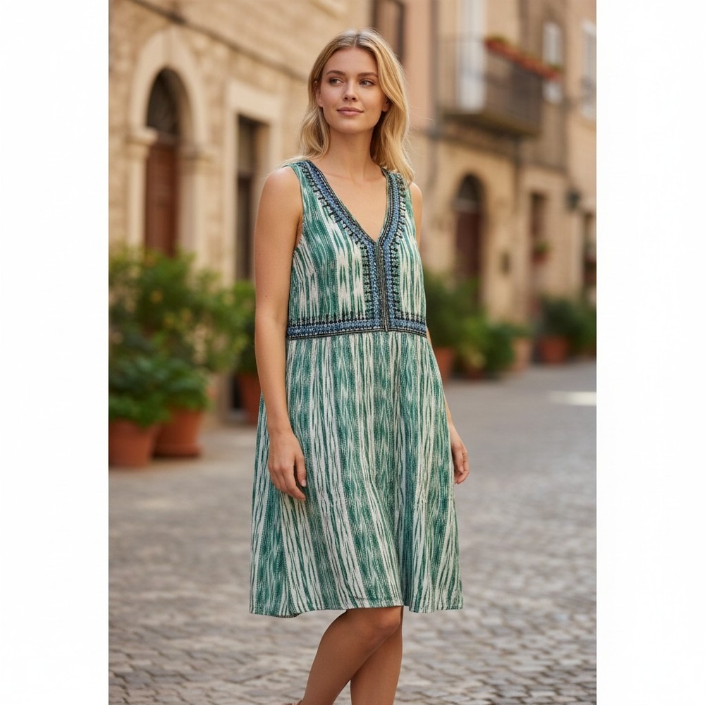 J. Jill Ikat Dress Womens XSP Green White Embroidered V Neck Shift Boho Resort